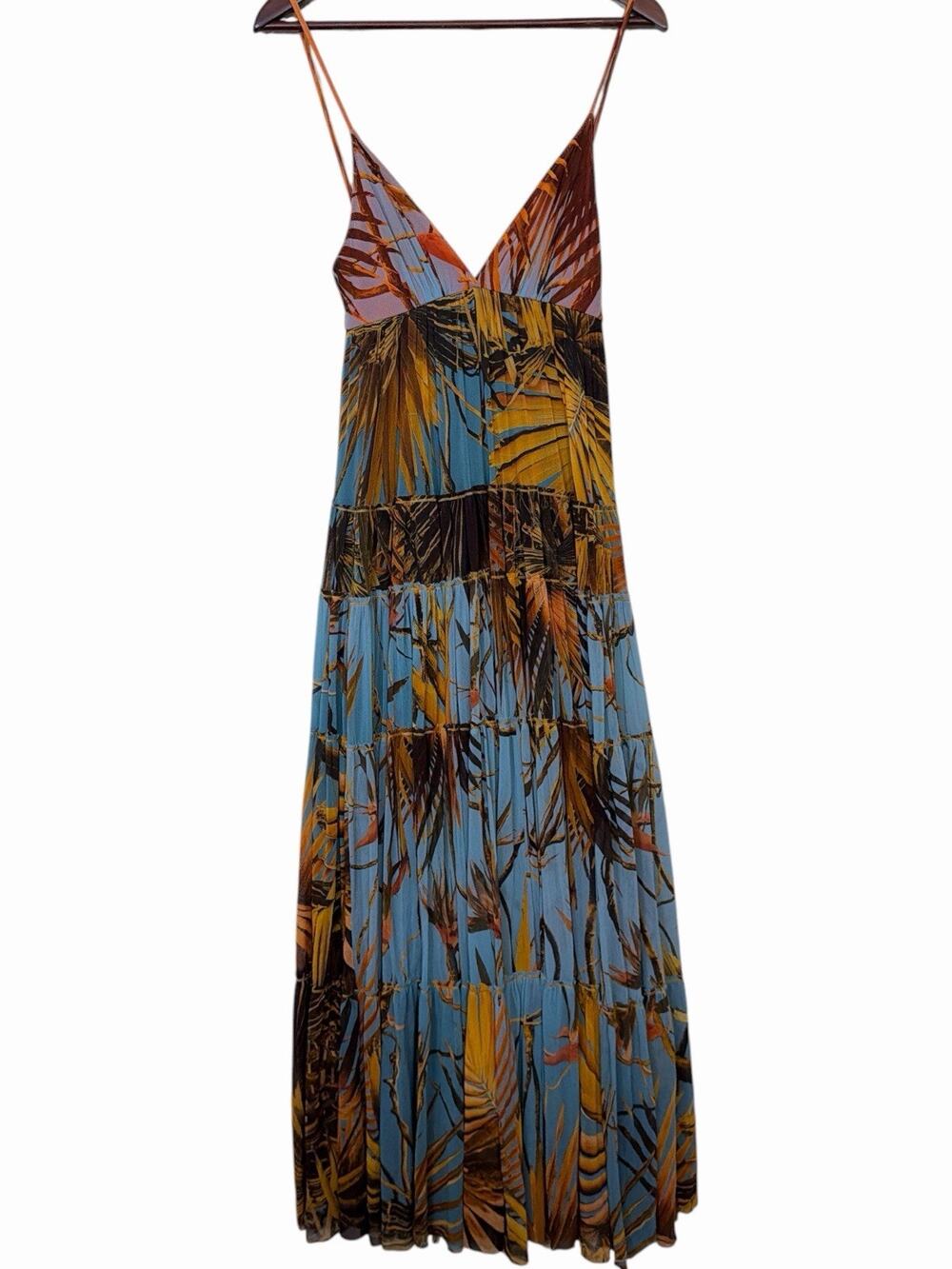 Jean Paul Gaultier Blue & Orange Palm Leaf Print Mesh Maxi Dress Size S
